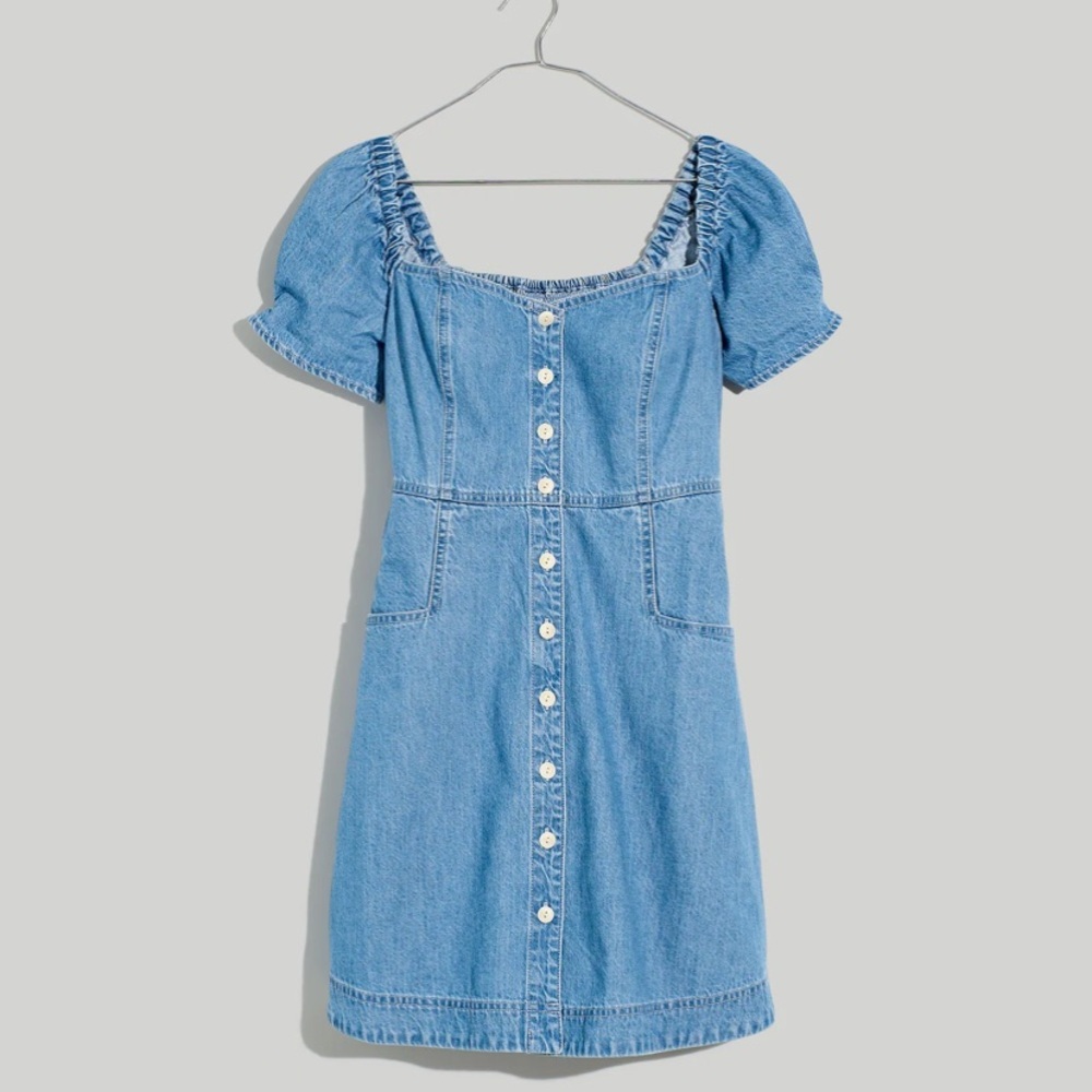 Madewell Denim Button Front Puff-Sleeve Mini Dress Size 12 - Picture 4 of 11